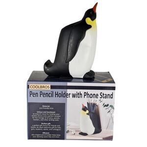 Penguin Pen Pencil Holder Desk Organizer w/ Phone Stand Resin 6.3" CoolBros NEW